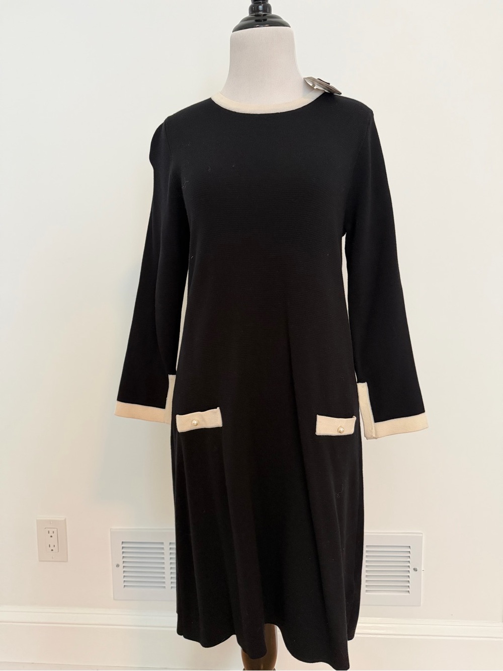 Classic Black Knit Dress with Cream Trim